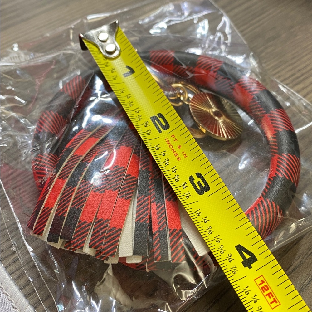 Red & Black Buffalo Plaid Keychain Bracelet with Gold Accent & Fringe Tassel - Picture 7 of 11